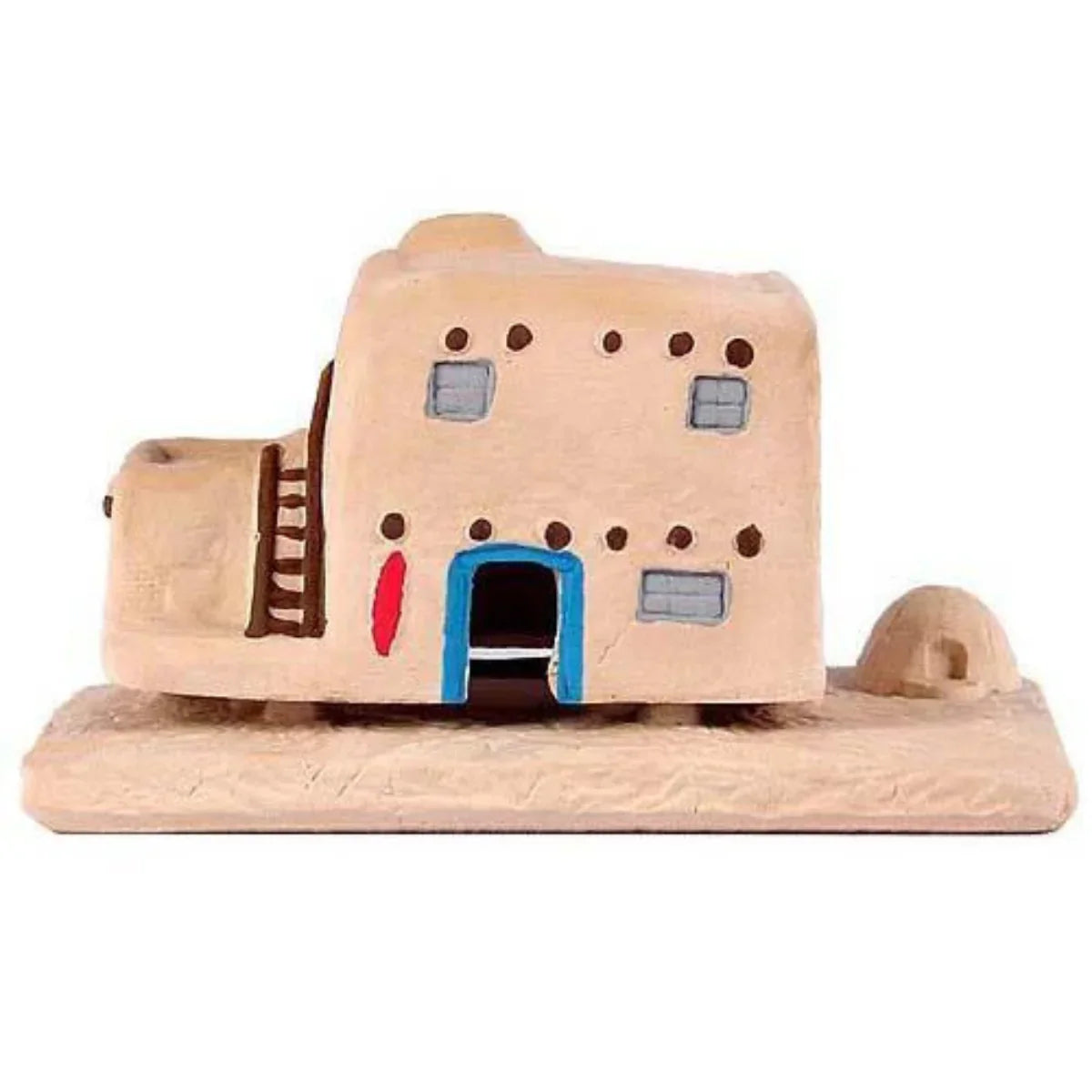 Handcrafted ceramic incense holder resembling adobe-style house with detailed windows and ladder.