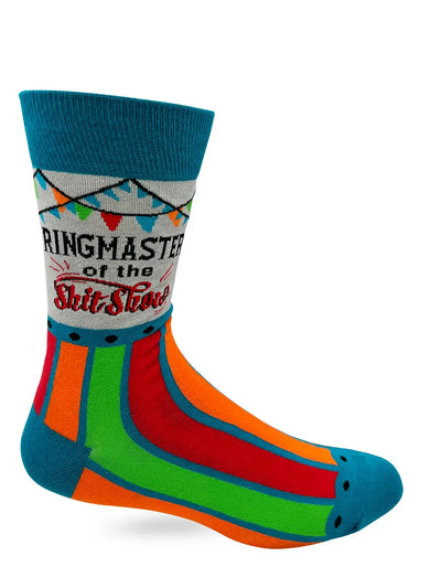 Men's colorful novelty crew sock with "Ringmaster of the Sh** Show" text and circus-themed design.