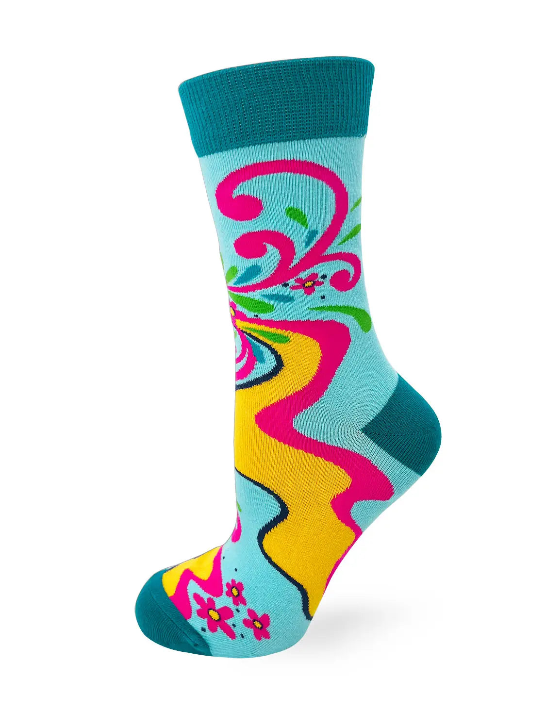 Colorful ladies' crew sock with teal cuff and vibrant abstract floral design promoting self-love and empowerment.