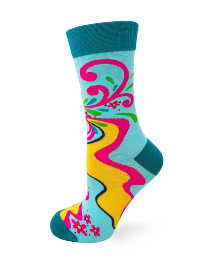 Colorful ladies' crew sock with teal cuff and vibrant abstract floral design promoting self-love and empowerment.