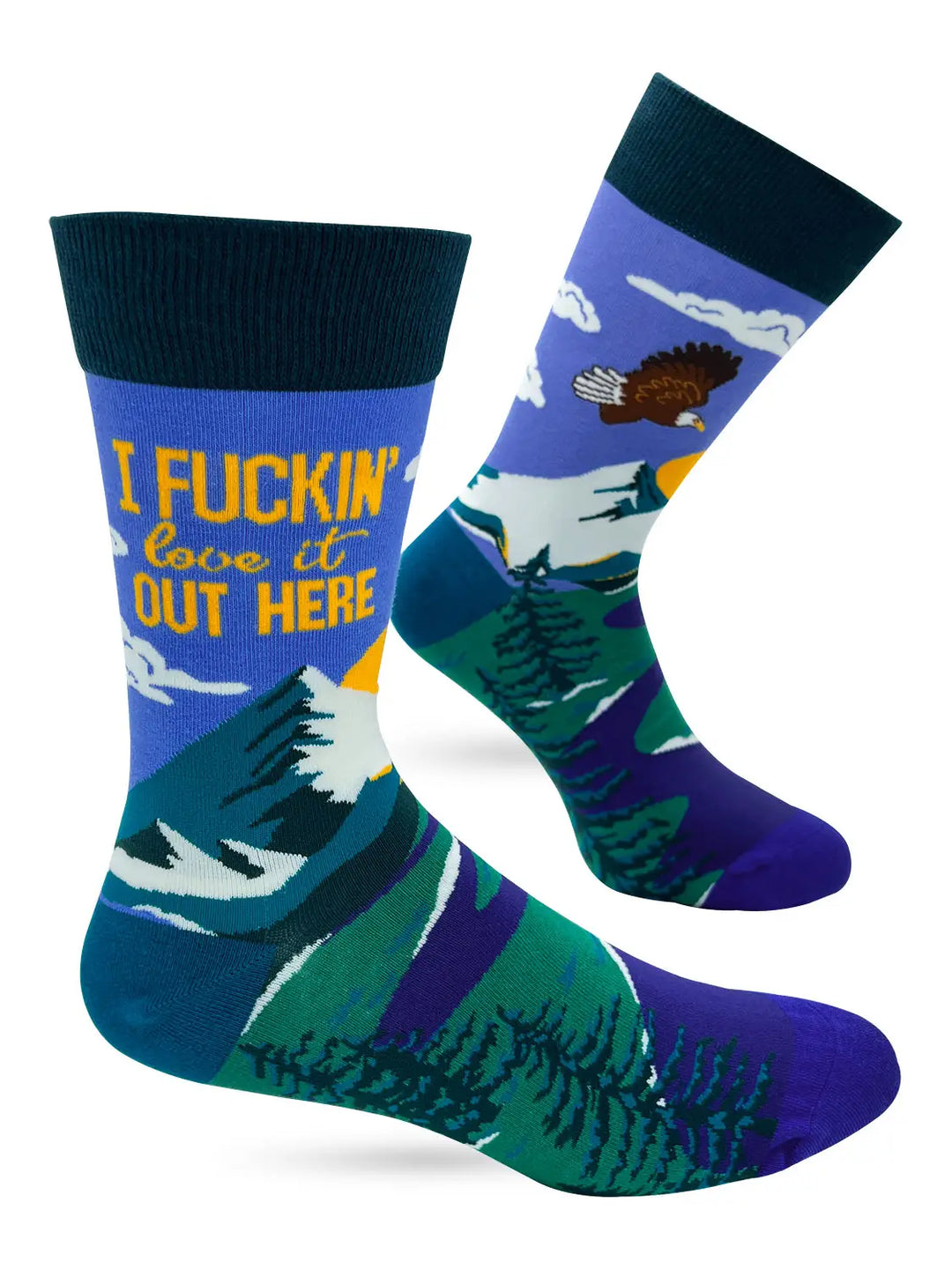 Men's novelty crew socks with "I F***in' Love It Out Here" text and outdoor mountain and eagle design