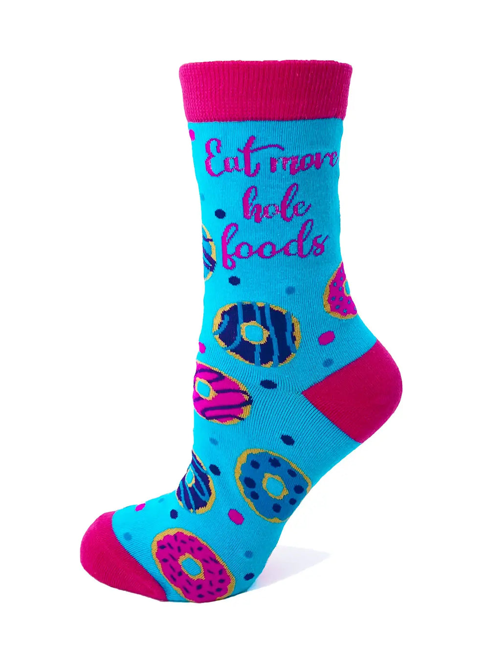 Women's novelty socks with colorful donut design and "Eat More Hole Foods" pun in blue and pink colors