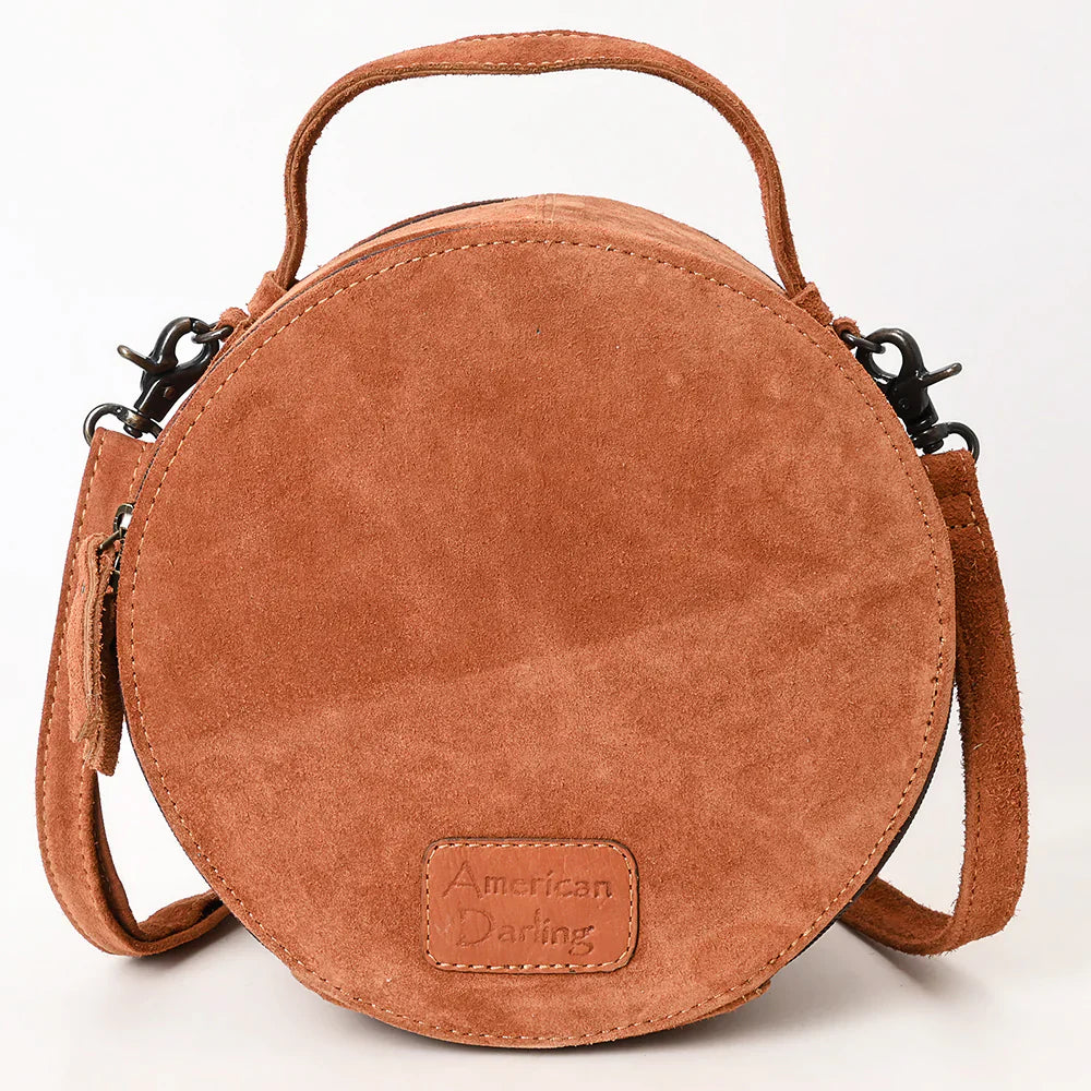 American Darling Canteen Bag in genuine suede leather with adjustable strap and antique metal fittings.