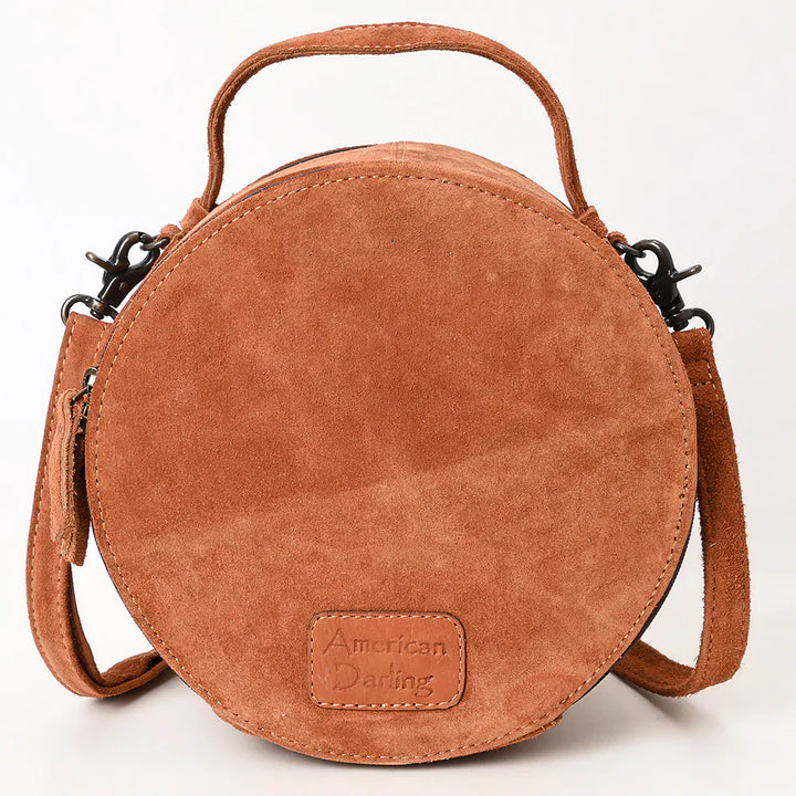 American Darling Canteen Bag in genuine suede leather with adjustable strap and antique metal fittings.