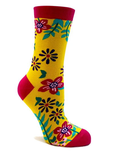 Yellow women's crew socks with red, pink, and blue floral pattern, stylish and comfortable, Y’all Need Jesus design