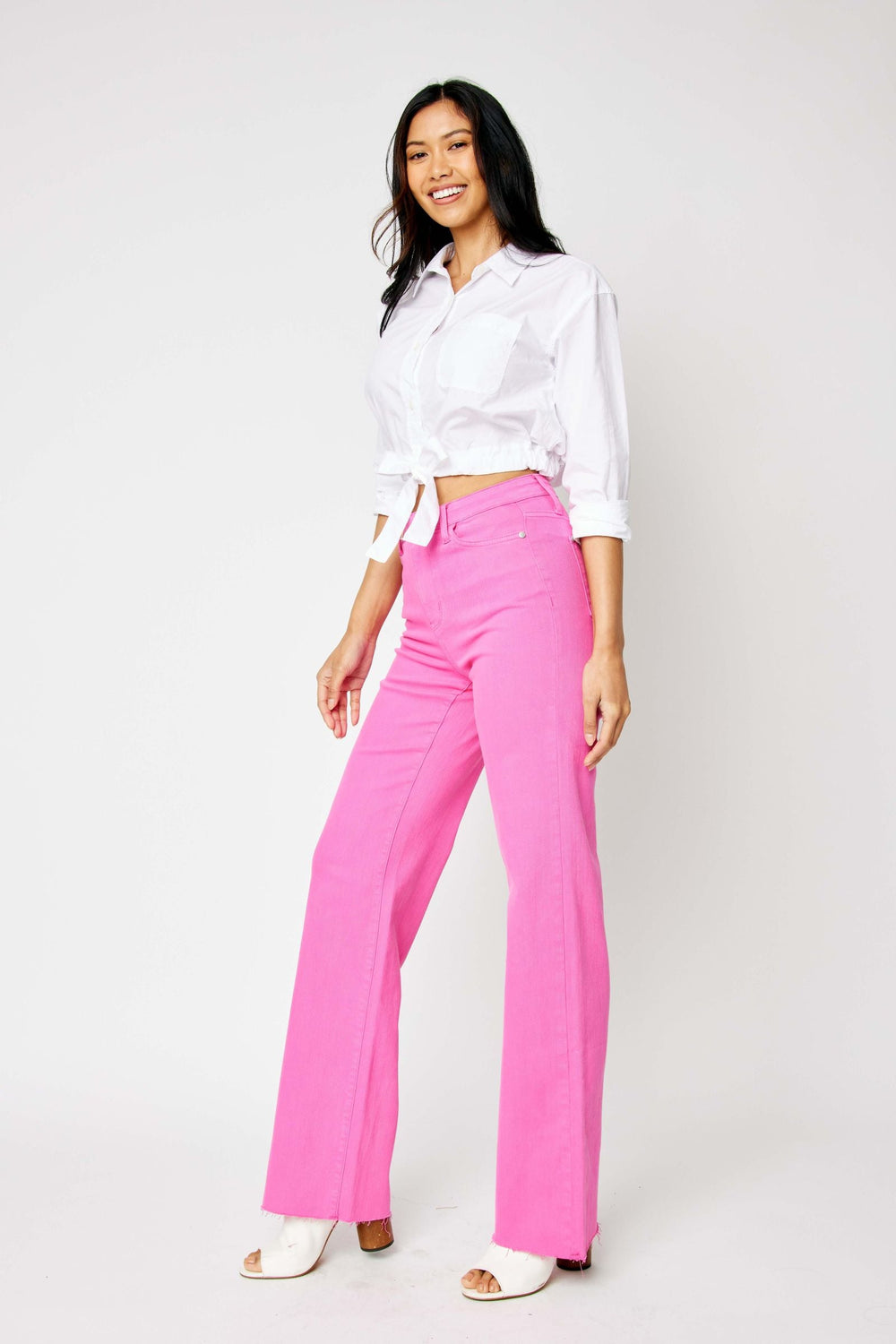High waist hot pink 90s straight leg Judy Blue Jeans with 11" front rise and 24.5" inseam