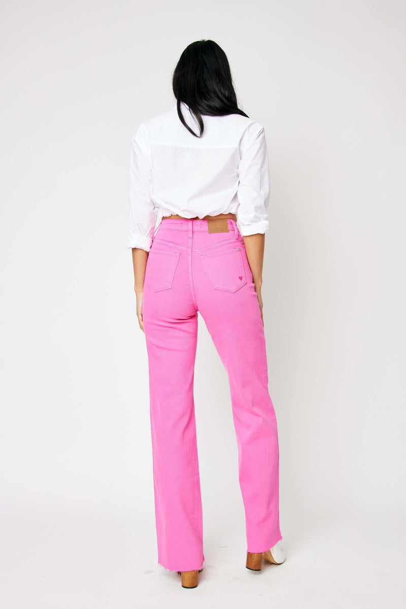 Judy Blue Jeans high waist hot pink 90s straight leg garment dyed jeans back view