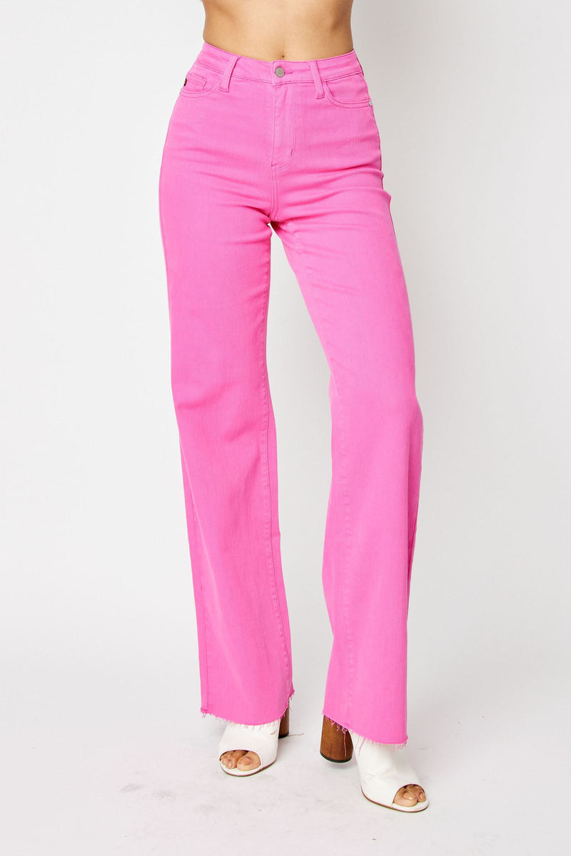 Judy Blue Jeans high waist hot pink 90s straight leg jeans with 24.5" inseam and 91% cotton blend fabric