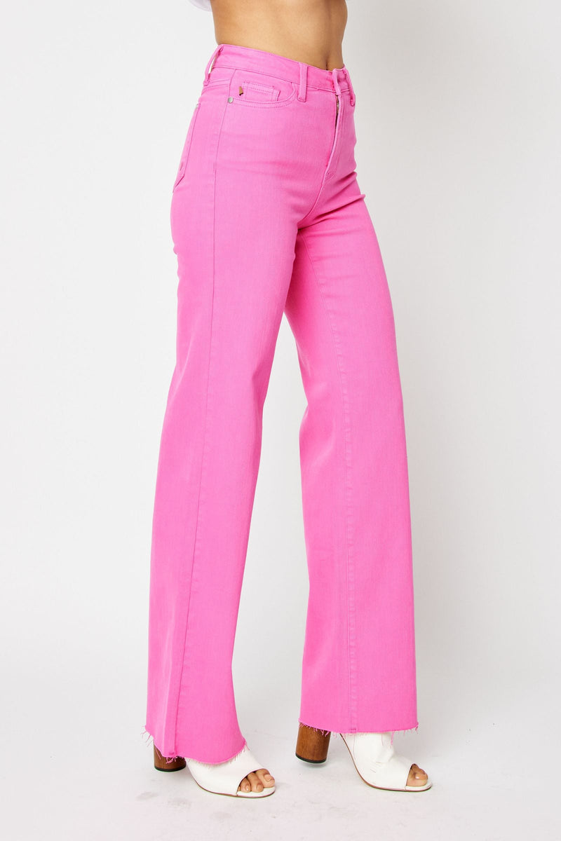 high waist hot pink 90s straight leg Judy Blue Jeans with 11 inch front rise and 24.5 inch inseam