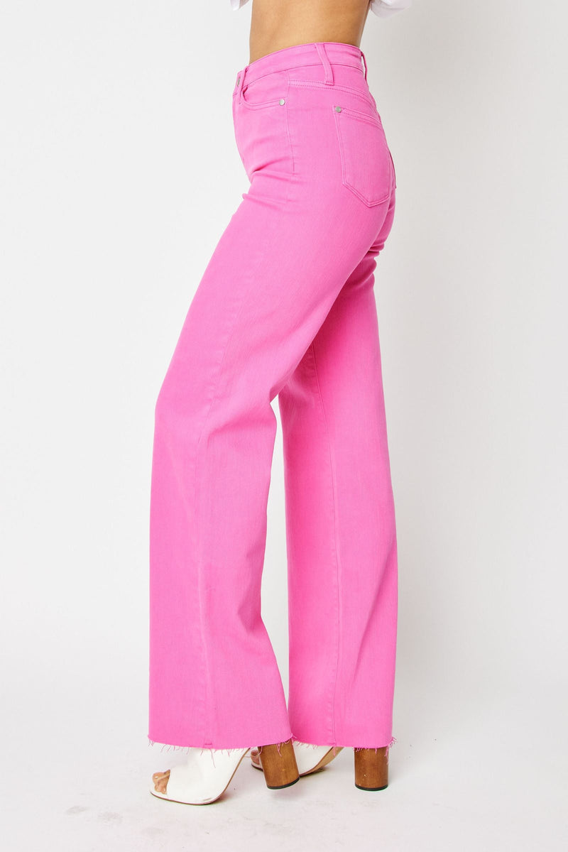 High waist hot pink 90s straight leg Judy Blue Jeans with 11" front rise and 24.5" inseam