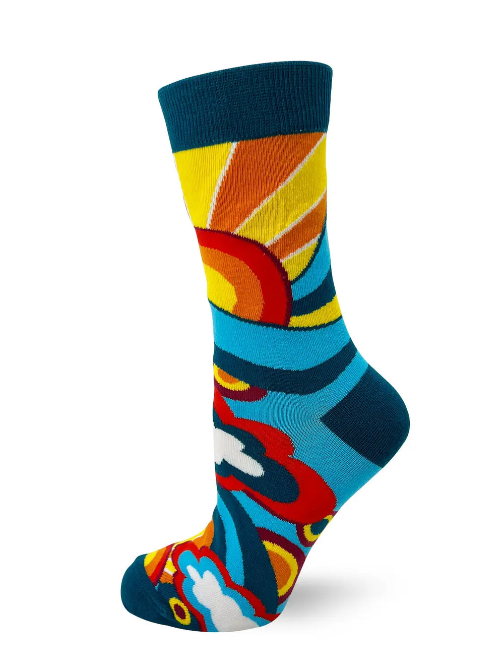 Colorful ladies' crew sock with retro sunburst and cloud design, comfortable and bold style.