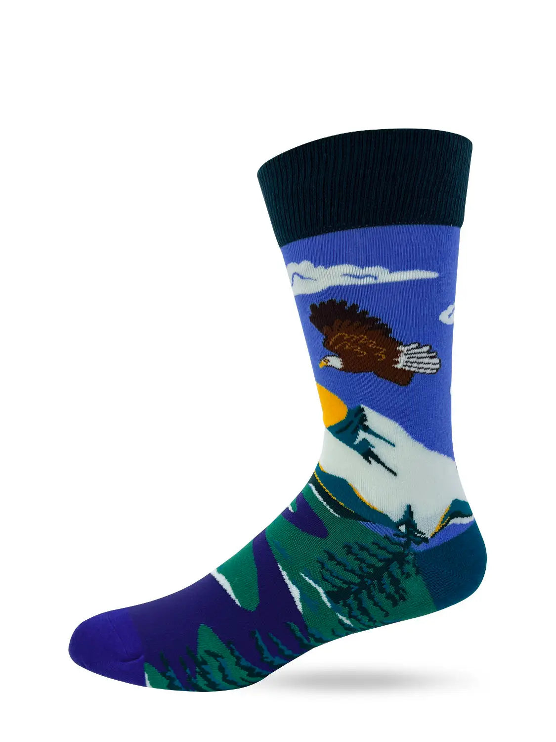Men's novelty crew socks with "I F***in' Love It Out Here" slogan and nature-themed design featuring mountains and an eagle.
