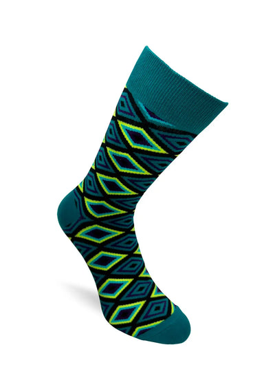 Men's novelty crew sock with bold green and blue geometric pattern, designed for sizes 7 to 12.