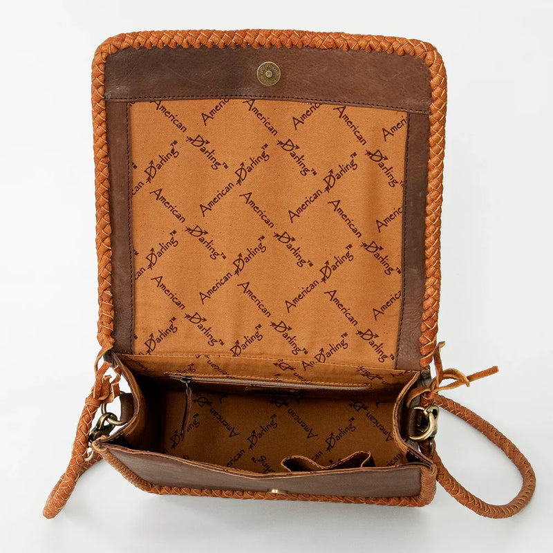 American Darling Small Crossbody Messenger Bag with genuine full grain leather and turquoise stone details, open view showing interior.