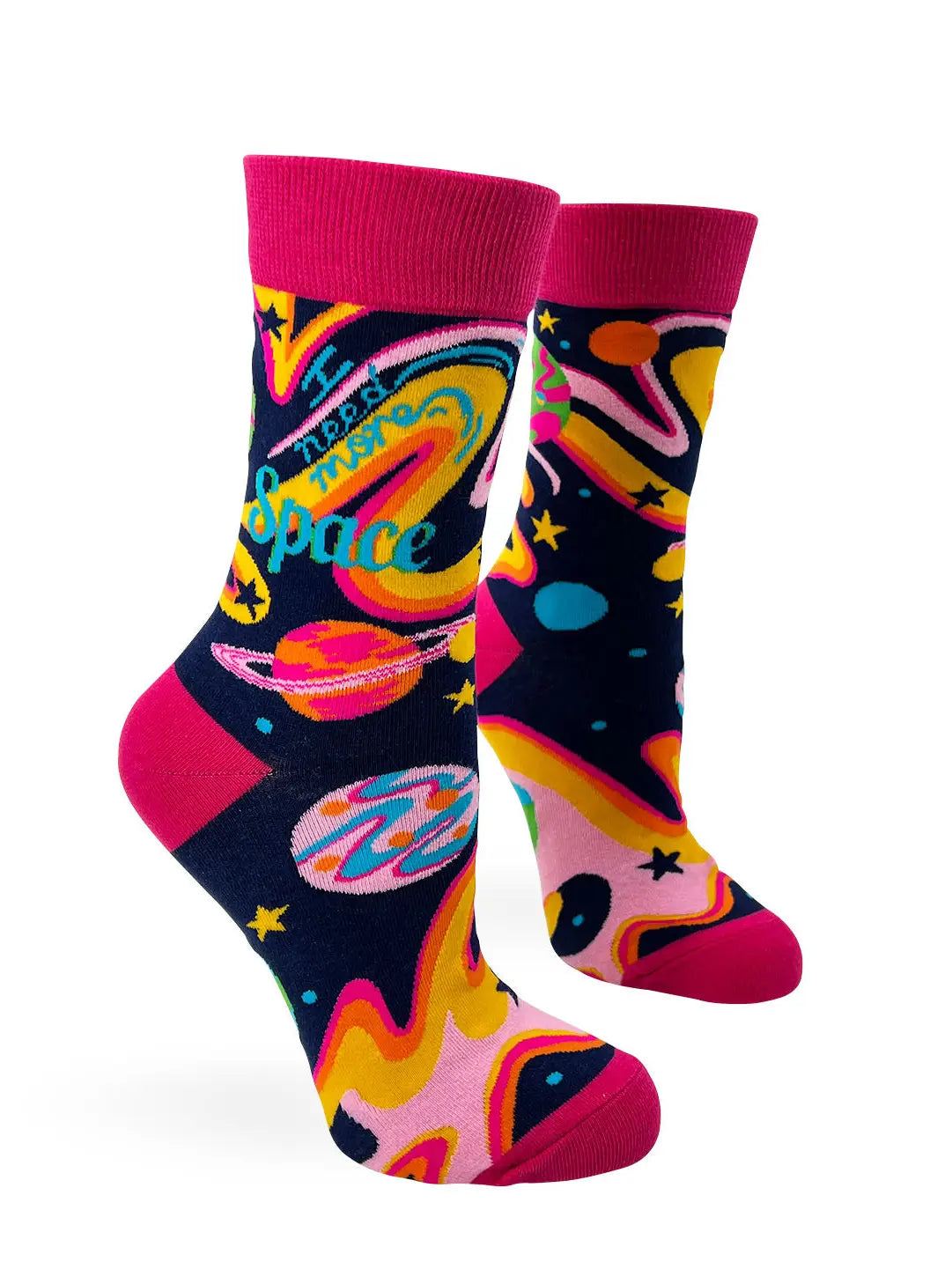 Women's novelty crew socks with colorful space-themed design and "I Need More Space" text, featuring planets and stars, soft cotton blend.