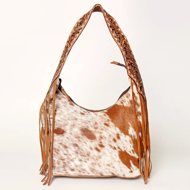 Genuine leather American Darling Hobo ADBGI112C with cowhide accents and fringes.