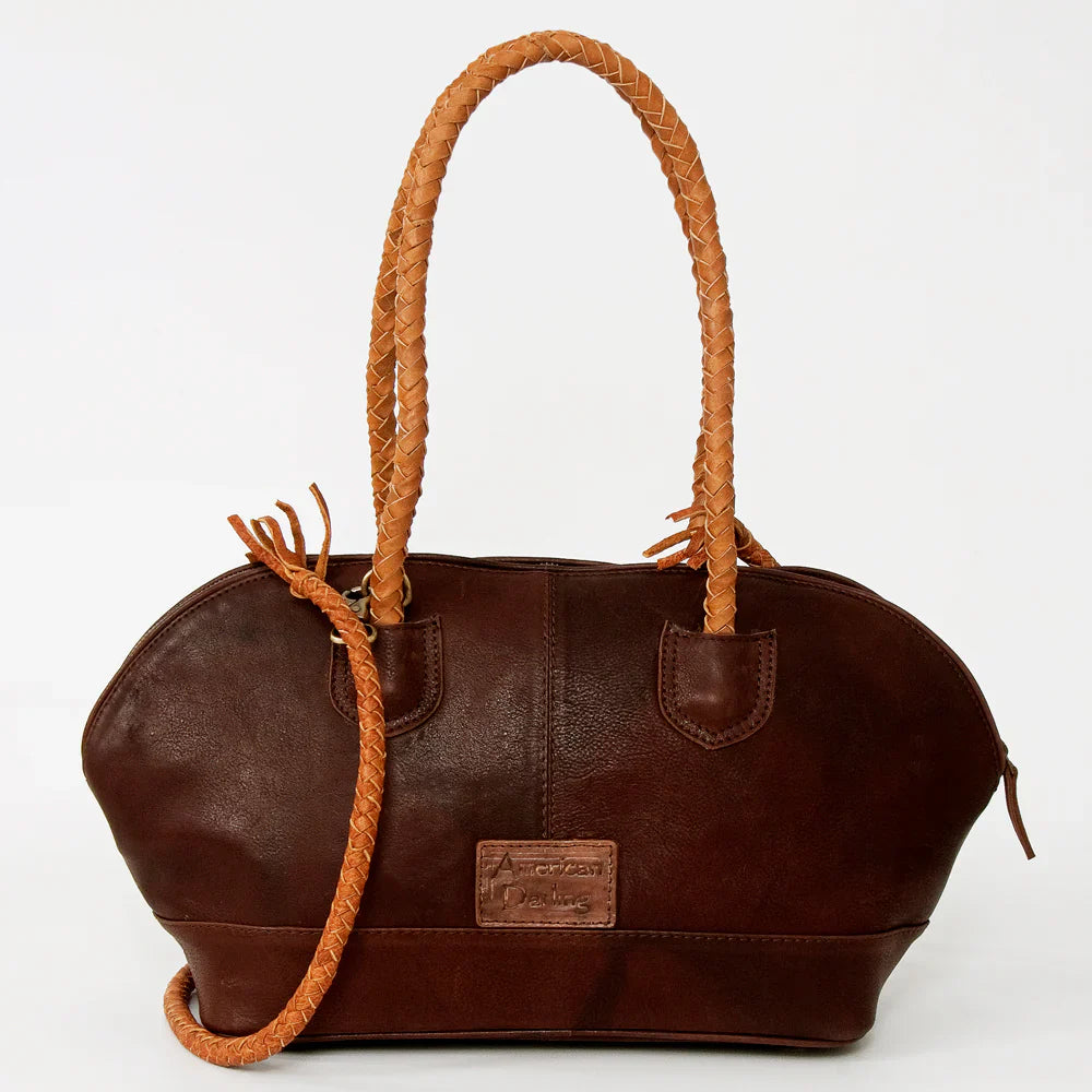 American Darling Tote Bag ADBGD150A in genuine full-grain leather with fringe details, adjustable strap, turquoise stone, and braided accents.