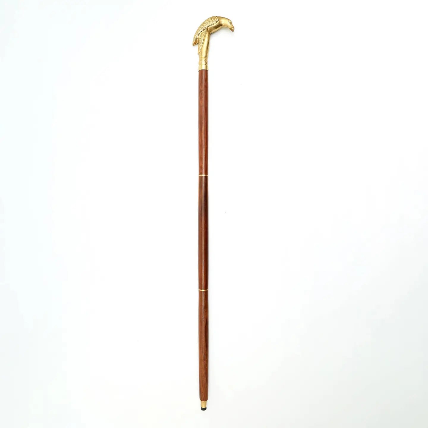 Decorative vintage walking stick with engraved brass eagle-head handle and polished wooden shaft
