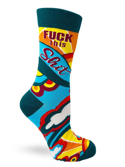 Colorful ladies' crew sock with bold "F*** This S***" text and vibrant pop art design, made of cotton blend for comfort.