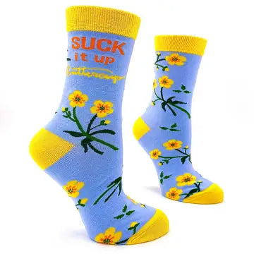 Women's "Suck It Up Buttercup" crew socks with yellow floral design and orange text on blue background