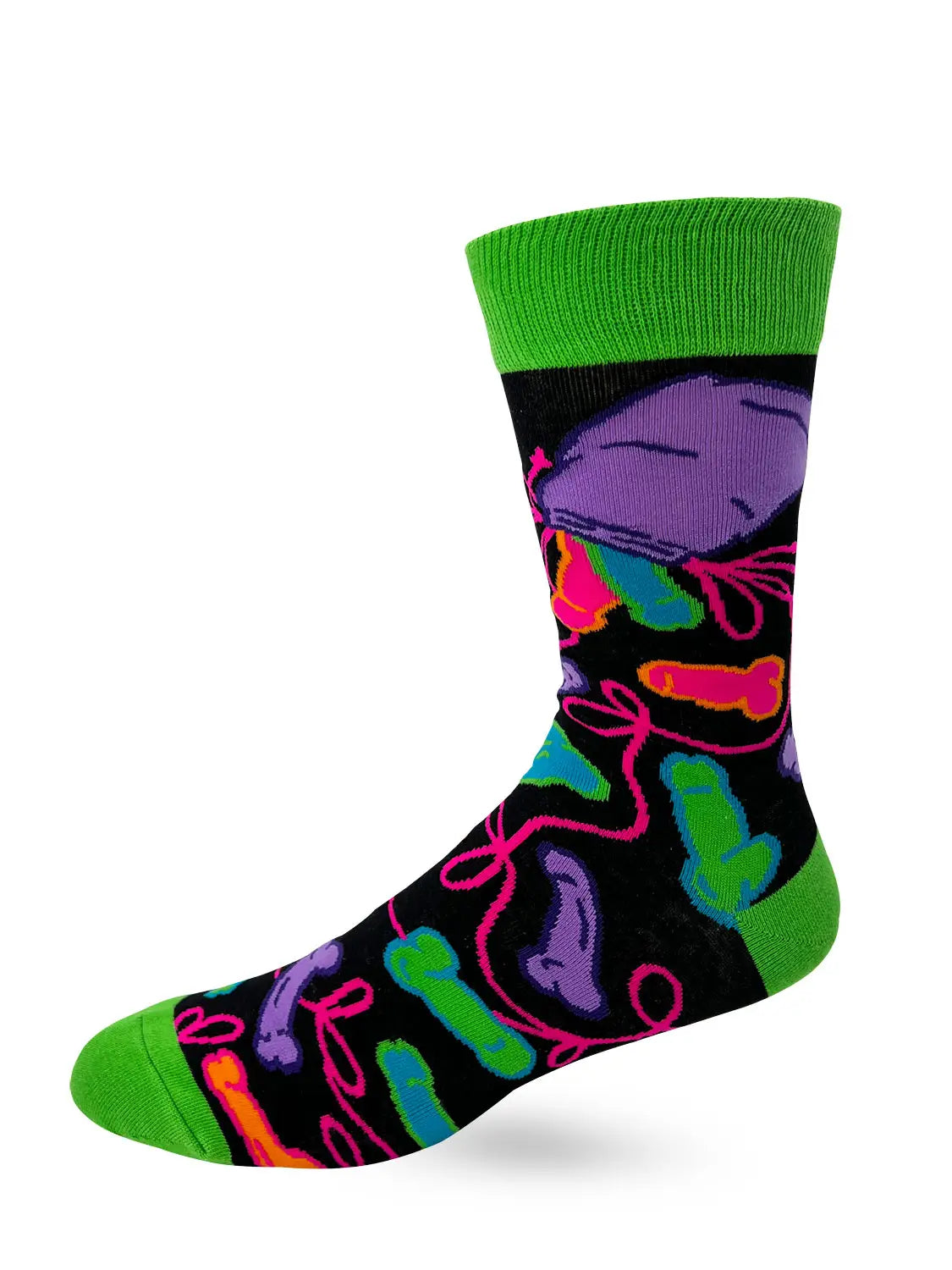 Men's novelty crew socks with colorful, bold "Eat A Bag Of D***s" design, size 7-12, machine washable.