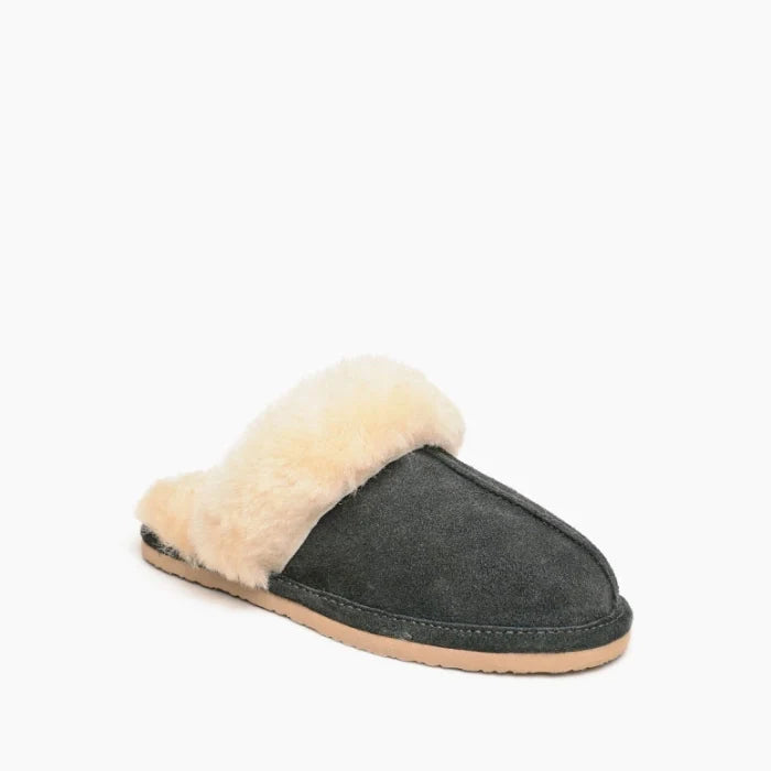 Minnetonka sheepskin slide shoes with premium sheepskin, open-back design, and flexible sole.