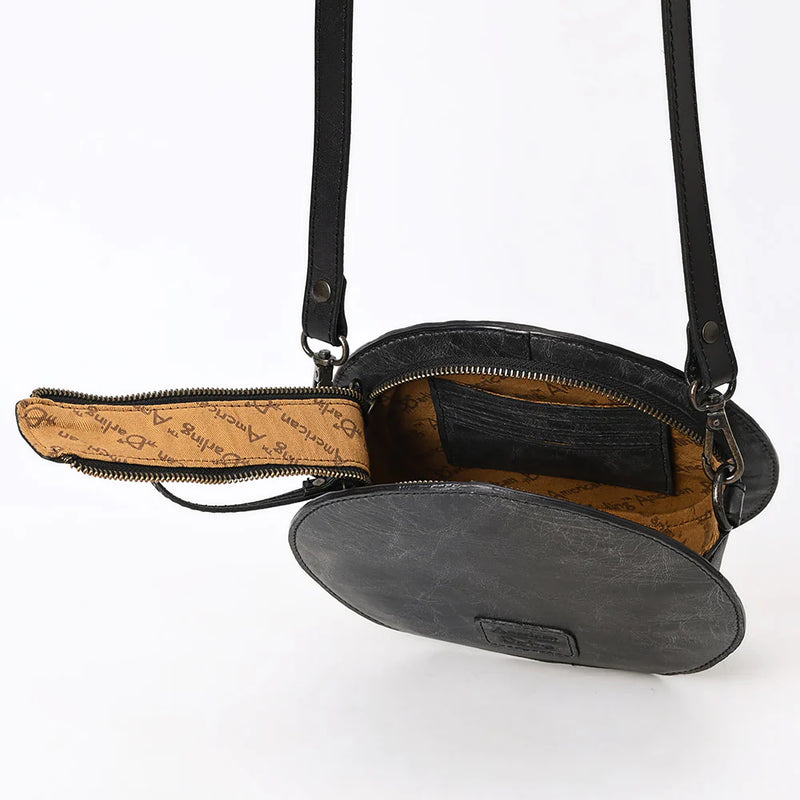 American Darling Canteen Bag black full grain leather crossbody with adjustable strap and detailed hand-tooled finish