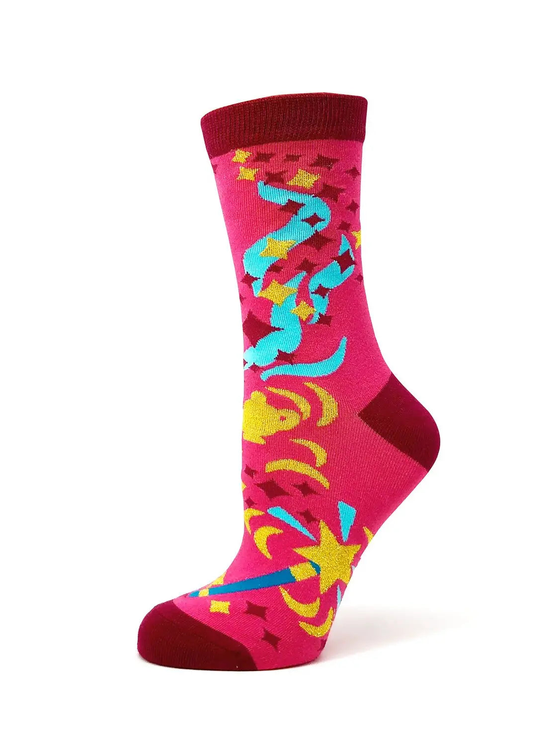 Colorful women's crew socks with star and ribbon designs, uplifting "It's a Magical F***-Yeah Day!" message, cotton blend, size 5-10