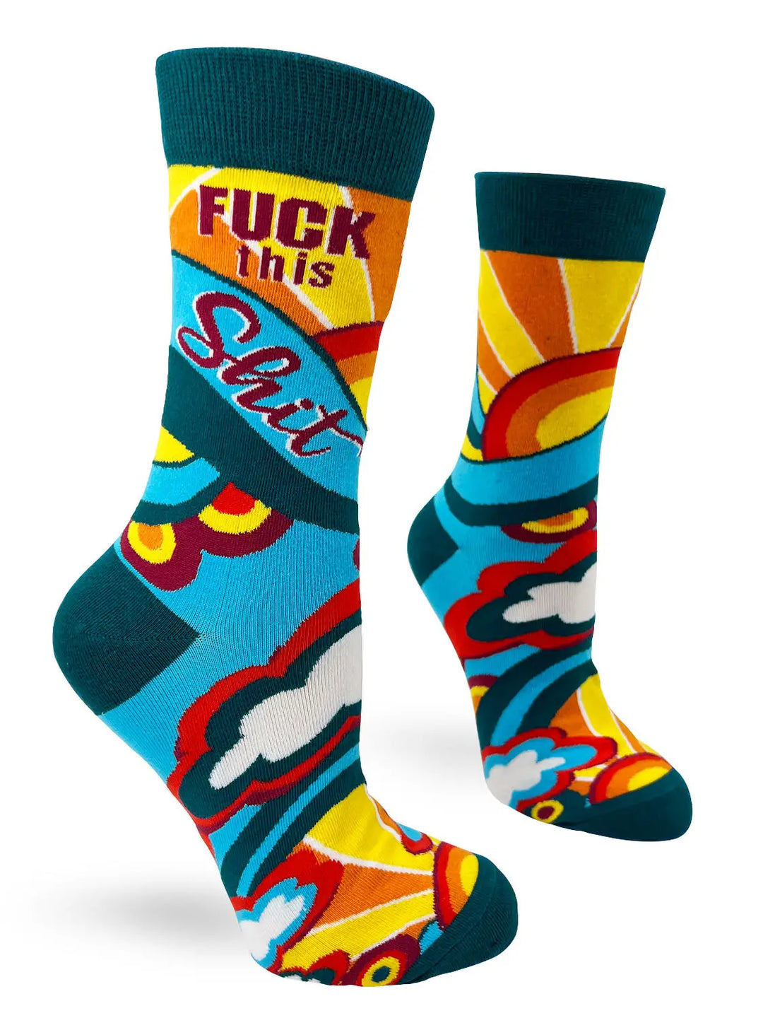 Colorful ladies' crew socks with bold "F*** This S***" text and vibrant rainbow design, comfortable fit for shoe sizes 5 to 10.