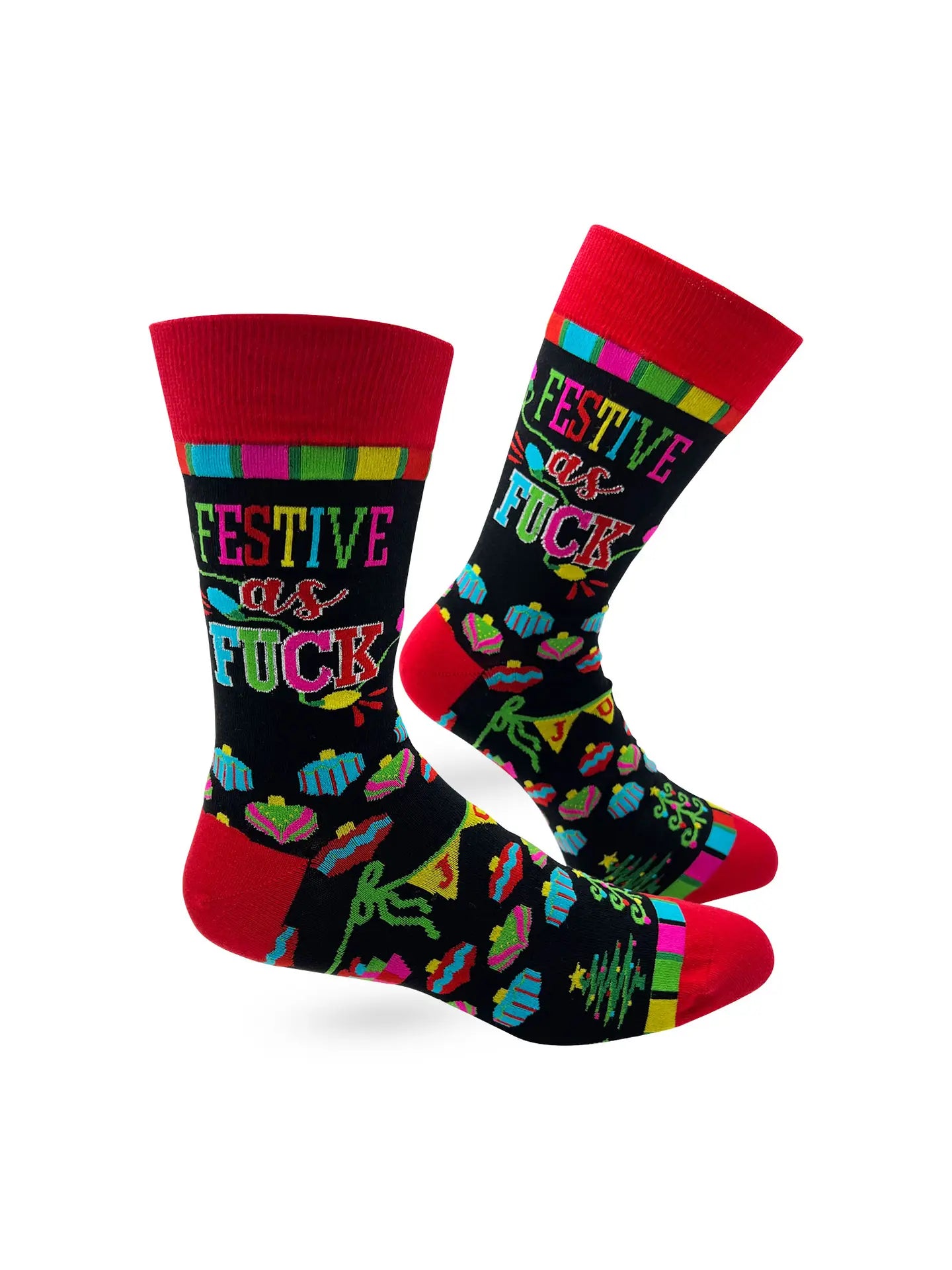 Festive As F*** funny Christmas men's novelty crew socks with colorful holiday design and bold lettering