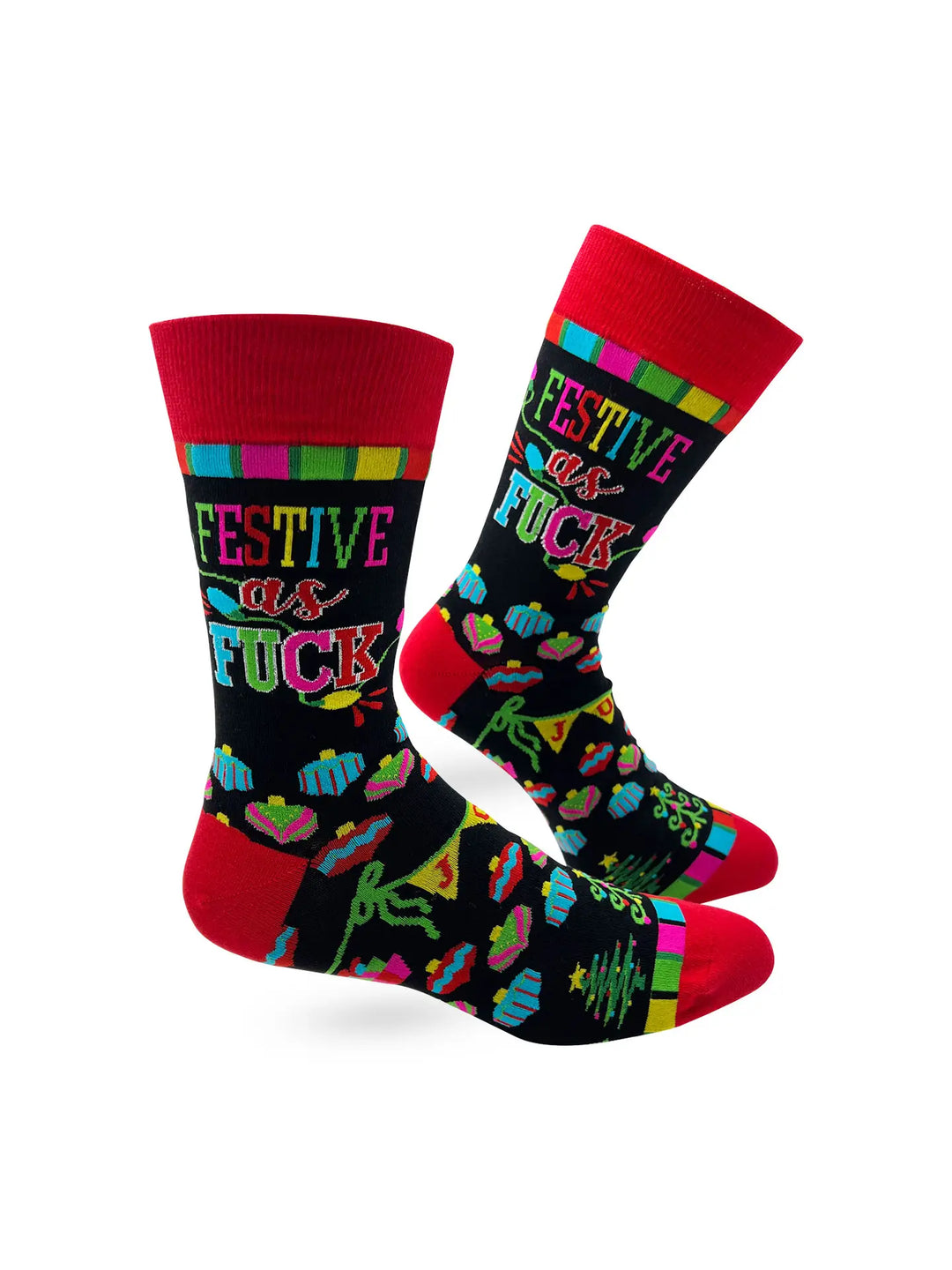 Men's crew socks with bold "Festive As F***" text, colorful Christmas design, red cuffs and heels, funny holiday theme