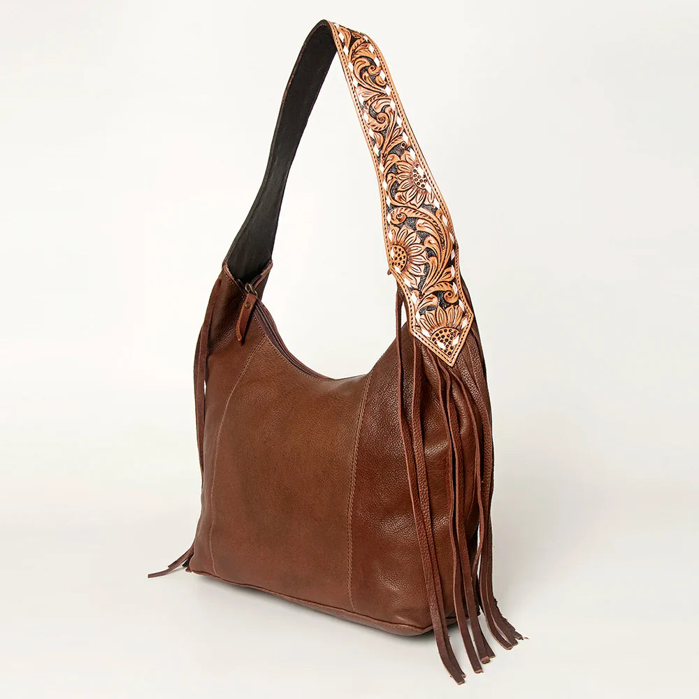 American Darling Hobo ADBGI112D, genuine full grain leather bag with adjustable shoulder strap, leather fringes, and YKK zipper.