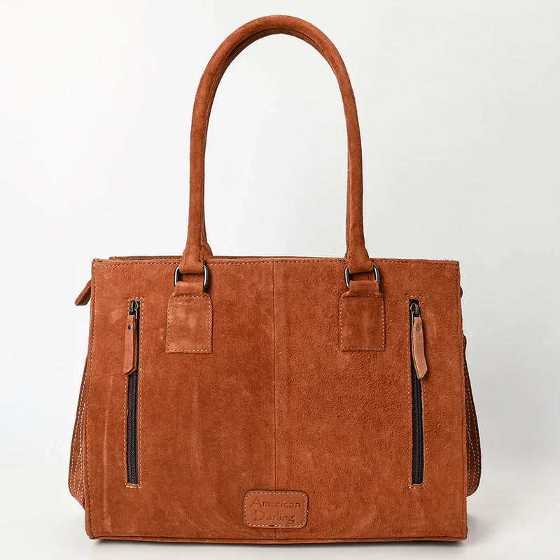 American Darling Tote ADBG1553C in premium suede and full grain leather with adjustable strap and YKK zipper closures.