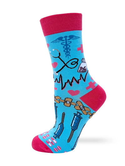 Do No Harm But Take No S*** women's crew socks with blue and pink nurse-themed design, breathable and comfortable, fits women's shoe sizes 5-10.