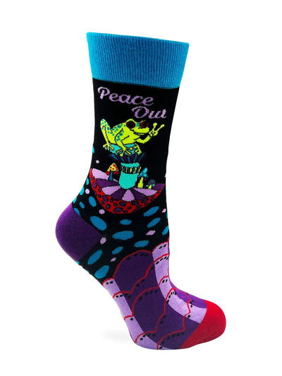 Peace Out Frog Women's novelty crew sock with peace-sign frog design, colorful patterns, and soft cotton blend