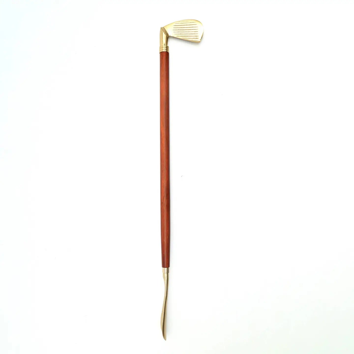 29-inch wooden shoehorn with brown wood body and gold metal handle, ergonomic design for easy shoe wearing