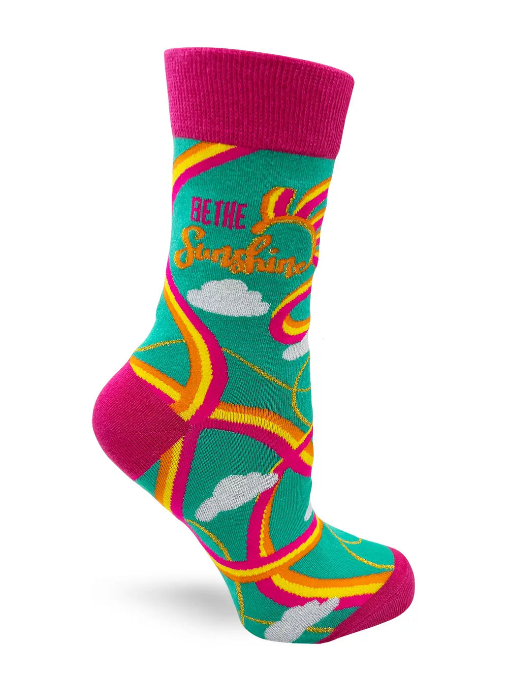 Colorful "Be the Sunshine" women's crew socks with uplifting design, soft breathable fabric, and cheerful rainbow pattern.