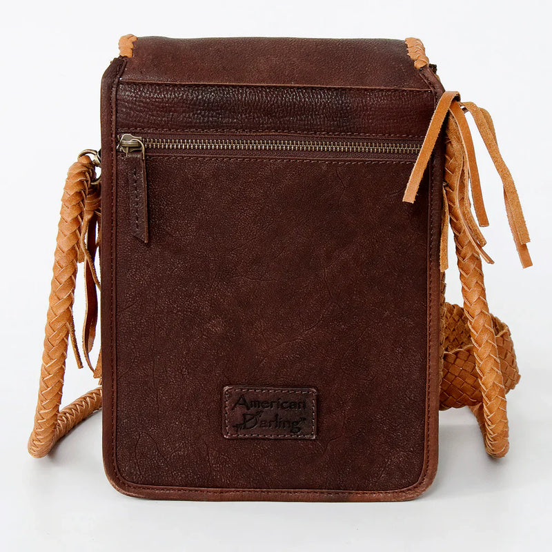 American Darling Small Crossbody Bag with leather fringes, turquoise stone, and adjustable strap.