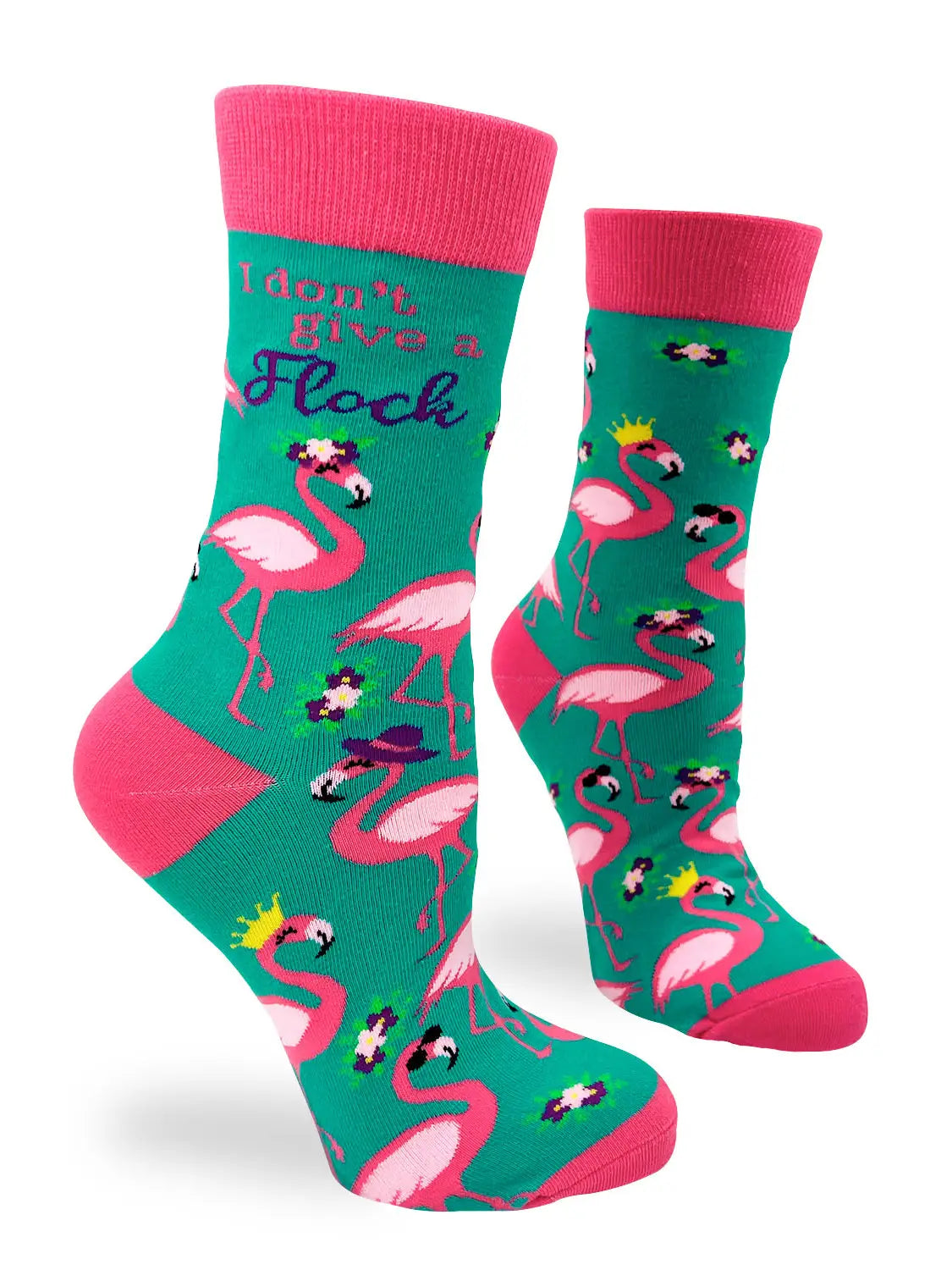 Women's crew socks with pink flamingos and "I Don’t Give a Flock" text, soft breathable fabric.