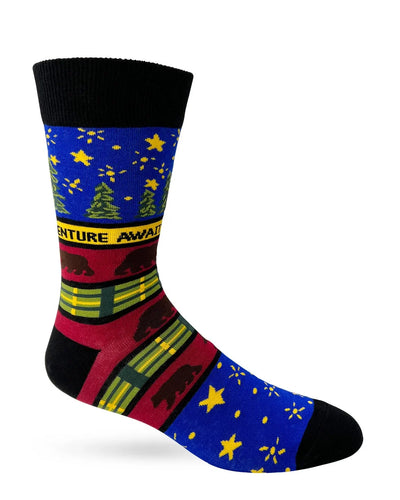 Men's novelty crew socks with bear and forest design, "Adventure Awaits" message, soft cotton blend, perfect for outdoor enthusiasts.