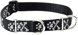 1in Bling Bonz adjustable black martingale collar with white paw print design for pets 19-27in neck size
