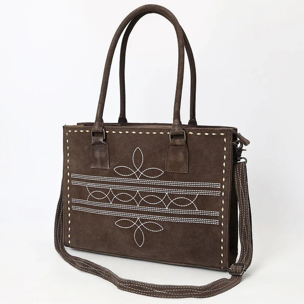 American Darling Tote ADBG1553D in genuine suede and full-grain leather with adjustable strap and durable metal fittings.