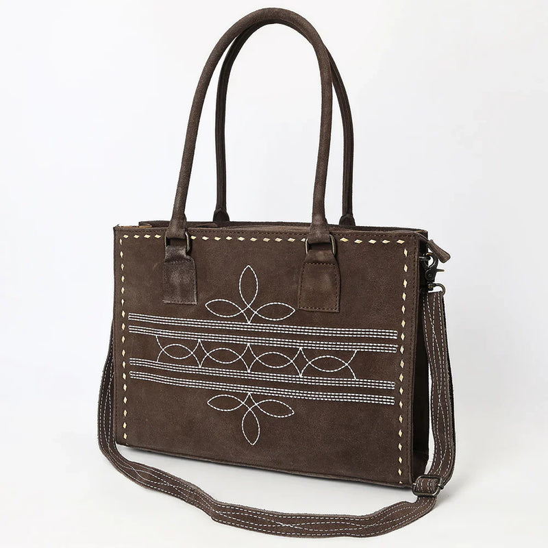 American Darling Tote ADBG1553D in genuine suede and full-grain leather with adjustable strap and durable metal fittings.