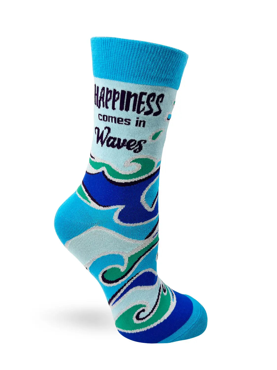 Women's crew socks with "Happiness Comes in Waves" text and blue wave design