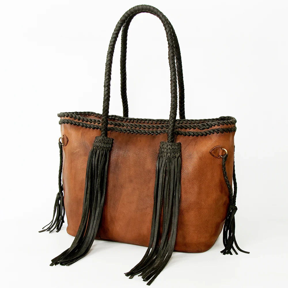 American Darling Tote Bag with leather fringes and braided handles.