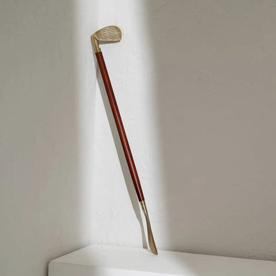 Elegant 29-inch wooden shoehorn with brown wood body and gold metal handle for easy shoe wearing