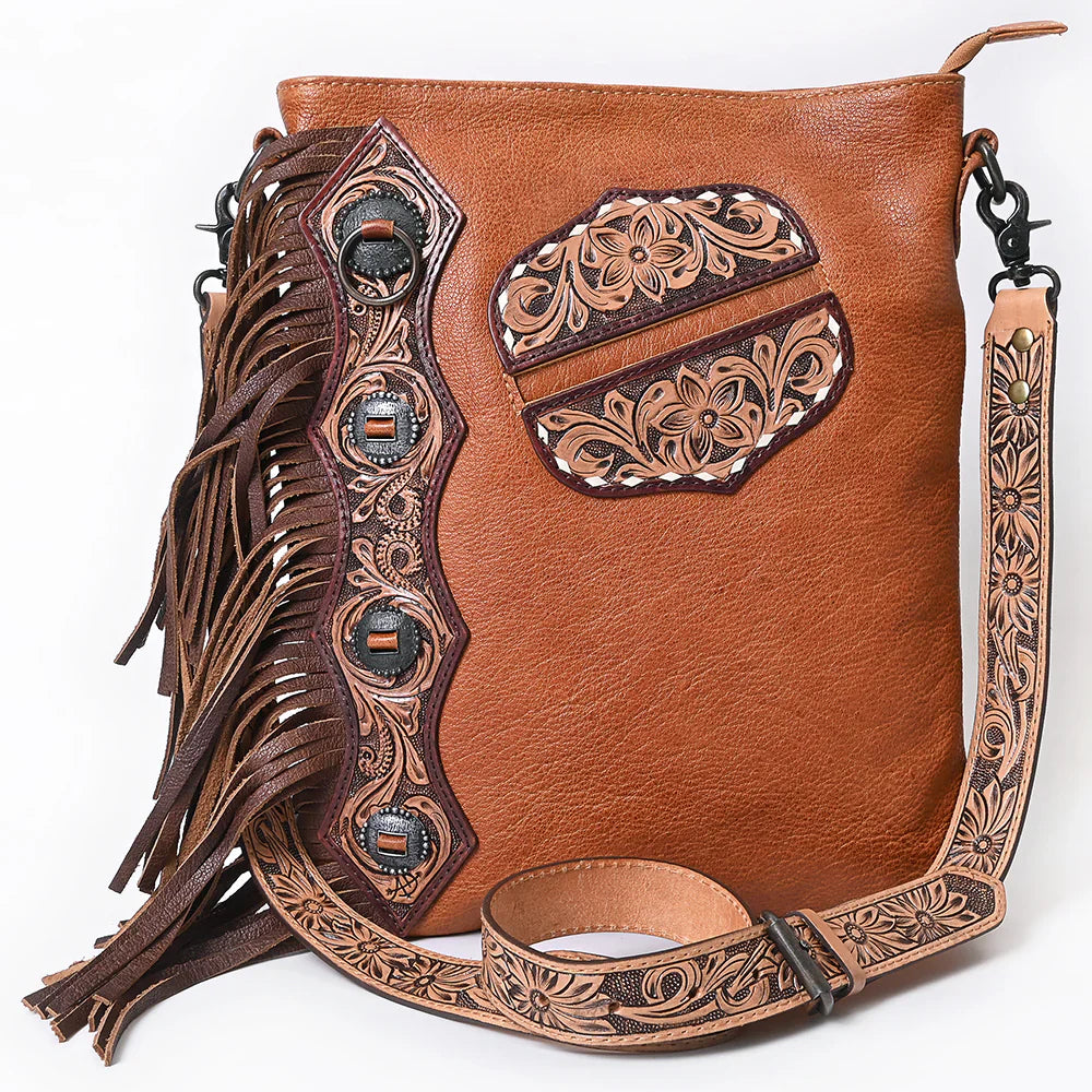 American Darling Chaps brown leather messenger bag with floral tooling and fringe details, size 15x12 inches