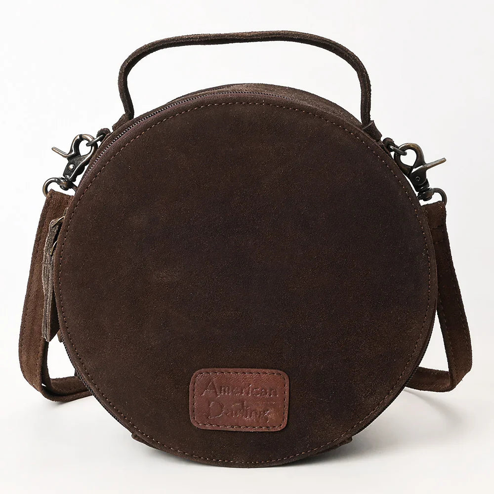 American Darling Canteen Bag ADBG1549C made of genuine suede leather with antique metal fittings and adjustable strap.