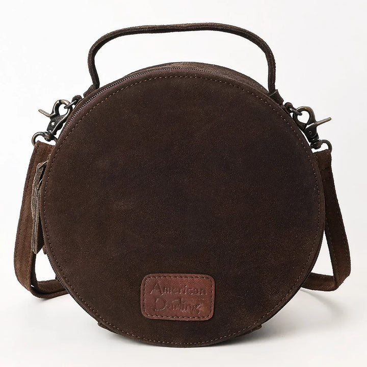 American Darling Canteen Bag ADBG1549C made of genuine suede leather with antique metal fittings and adjustable strap.
