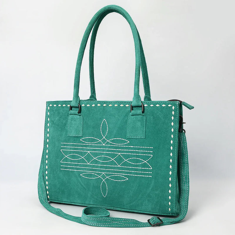 American Darling Tote ADBG1553A in genuine suede leather with adjustable strap and antique metal fittings.